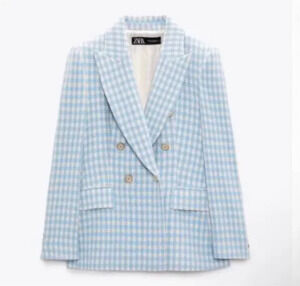 Zara | Double Breasted Houndstooth Blue & White Blazer - Size XL